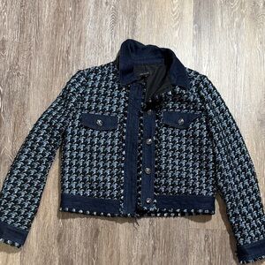 Ann Taylor Houndstooth Fringe Tweed Denim Jacket